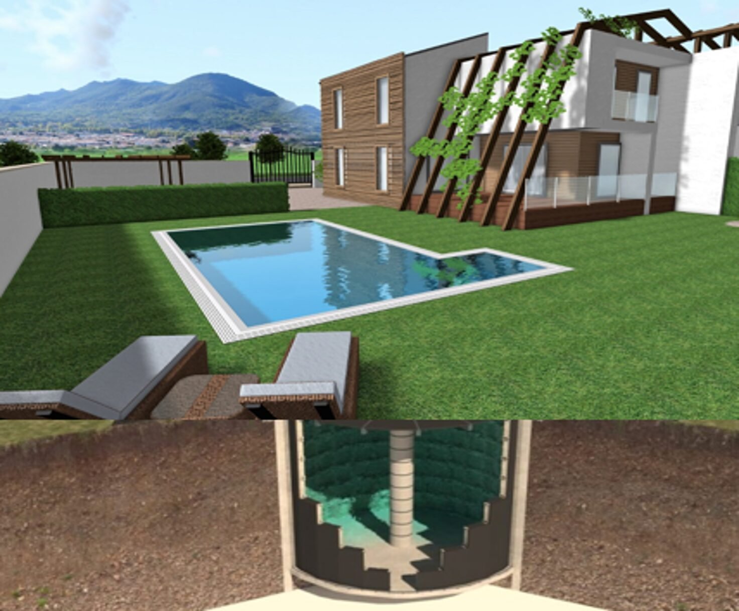 Render di progetto: villa con piscina e accumulo interrato